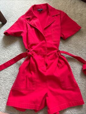 Skies Are Blue Bright Red Short Sleeve Tie-Waist Romper